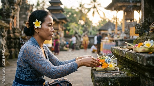 Balinese Woman Making Flower Offerings at Temple During Ceremony