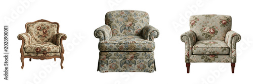 Vintage Floral Armchairs Set PNG | Realistic Classical and Antique Upholstered Accent Chairs Isolated on Transparent Background for Interior Design and Home Decor Mockups