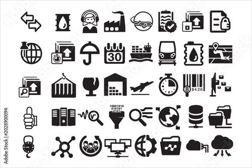 Business Industry Commerce and Urban Service Icon Set Featuring Bank Building Factory Store Calendar Barcode Shipping Umbrella and Global Trade Symbols