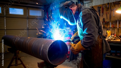 фотографія Male welder in yellow leather gloves and welding helmet welds a large steel pipe on a stand in a home garage workshop at evening, vivid blue arc and sparks with tool wall visible in background