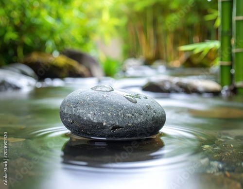 Zen stone with water ripples in a peaceful bamboo forest, perfect for meditation backgrounds, wellness, spa, relaxation, mindfulness, tranquility