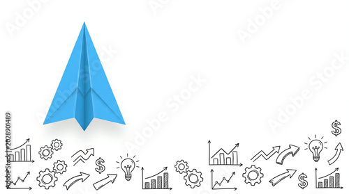 Paper airplane launching into a bright future, symbolizing growth, innovation, and new beginnings with a trail of business icons