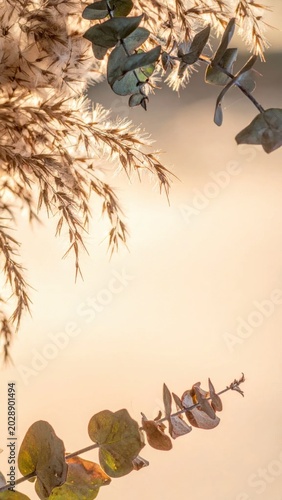 dried pampas grass and eucalyptus leaves bathed in soft golden hour sunlight, botanical backdrop, autumnal aesthetic, floral nature texture