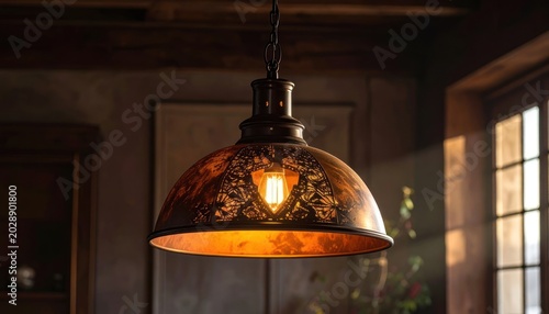 Warm illumination casts intricate shadows on a vintage fixture.