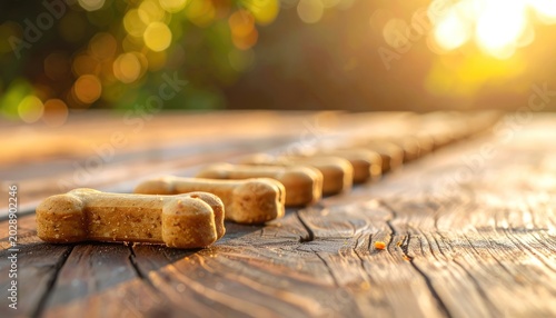 Golden light illuminates a row of dog biscuits.