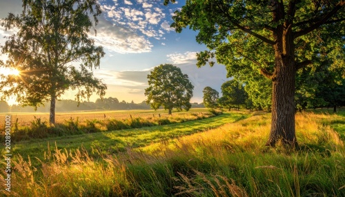 Golden light illuminates a serene landscape