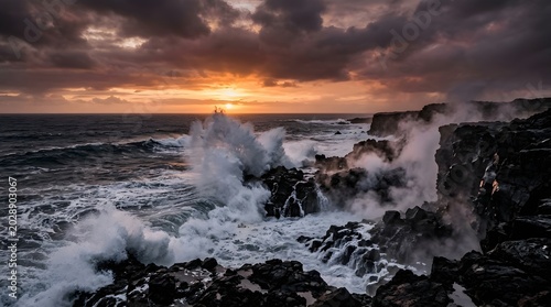 Dramatic sunset over rough ocean waves crashing onto black volcanic rocks on a remote coastline with crashing coastline dramatic volcanic