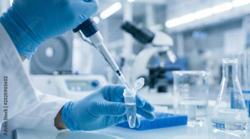 Fototapeta premium Scientist Gloved Hands Pipetting Sample into Tube in Modern Laboratory — Research Science Concept