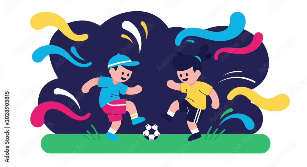 Fototapeta premium Young Children Playing Soccer on a Green Field Vector Illustration
