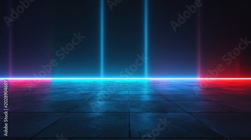 3d technology abstract neon light background, empty space scene, spotlight, dark night, virtual reality, cyber futuristic sci-fi background, street floor studio for mock up. colored geometric