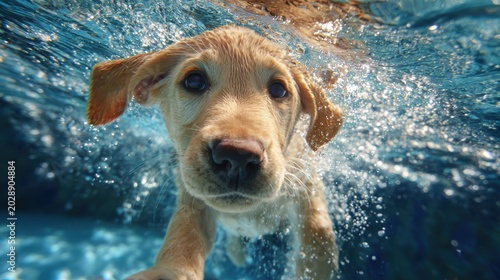 Funny underwater picture of puppies in swimming pool playing deep dive action training game with family pets and popular dog breeds during summer holidays. recreation, relax, generate by AI
