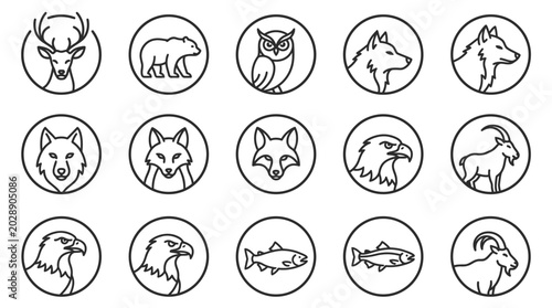 Tableau sur toile Wild Animal Icons Set: Deer, Bear, Owl, Wolf, Fox, Eagle, Goat, Fish