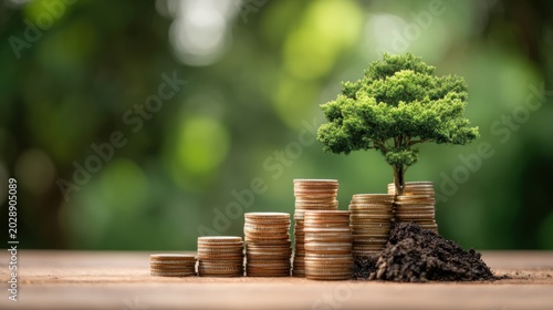 Money coin stack growing graph with tree bokeh background, investment concept.Business Finance and
 Save Money concept