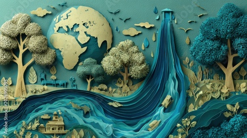 Ecology and world water day, Saving water and world Environment day, environmental protection and save earth water, Paper art