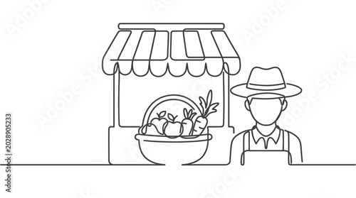 Farmer with Fresh Produce Stall Line Art Illustration