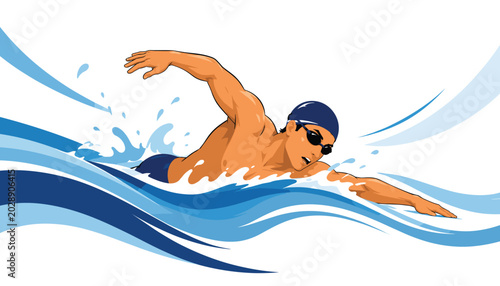 Photos Male swimmer performing freestyle stroke in stylized blue waves