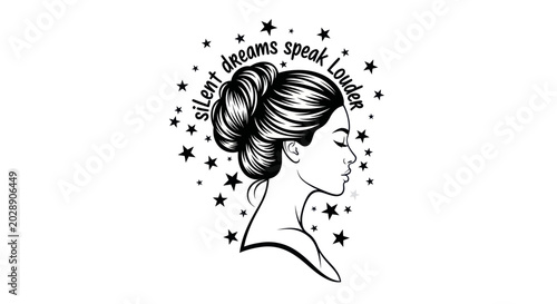 Tableau sur toile Woman's Silhouette with Stars and Inspirational Quote Silent Dreams Speak Loude