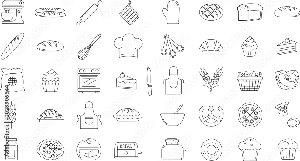 Fototapeta premium Collection of black line for baking and food preparation bread pastry cake