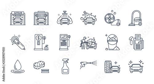 Car Wash Icons Set: Cleaning, Service, Maintenance, Auto Care Vector Graphics