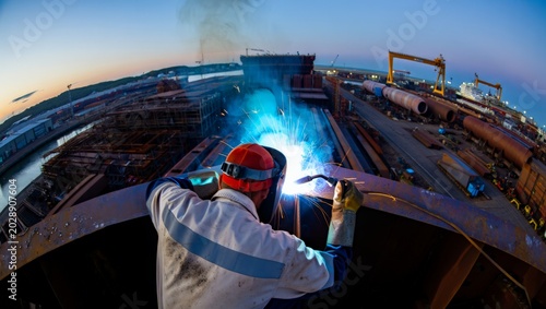 Quadro su tela Aerial fisheye shot of a welder in red helmet and white coveralls welding a ship hull at a shipyard during twilight