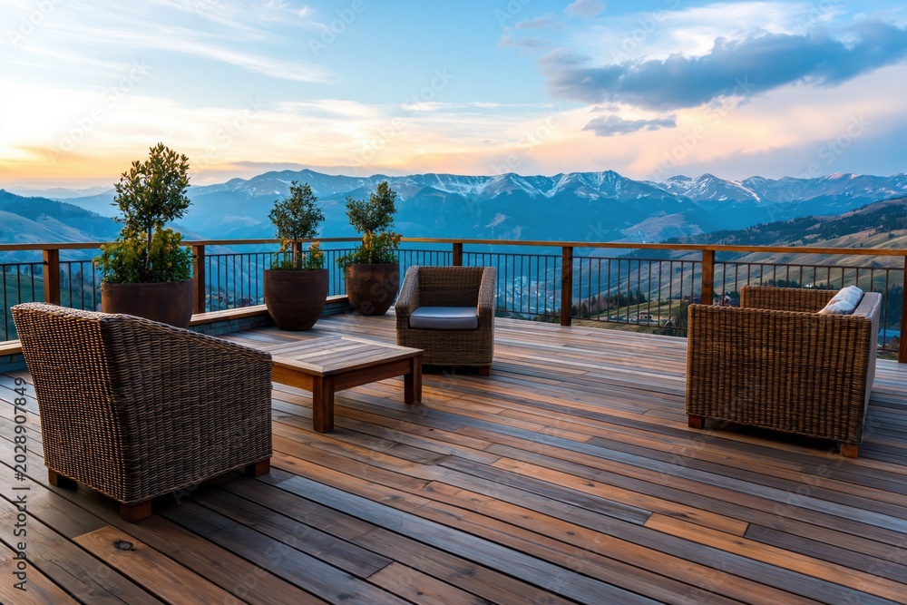 Fototapeta premium Wooden deck with mountain sunset view and furniture