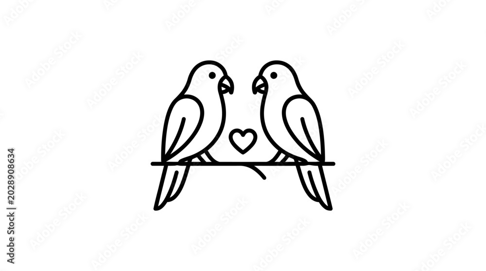 Fototapeta premium Two Lovebirds Sitting on Branch with Heart Icon, Minimalist Line Art