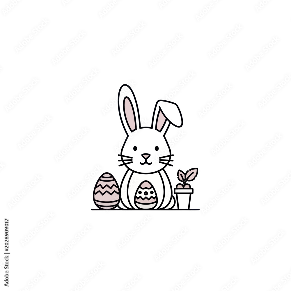 Obraz premium Cute Easter Bunny with Decorated Eggs and Potted Plant