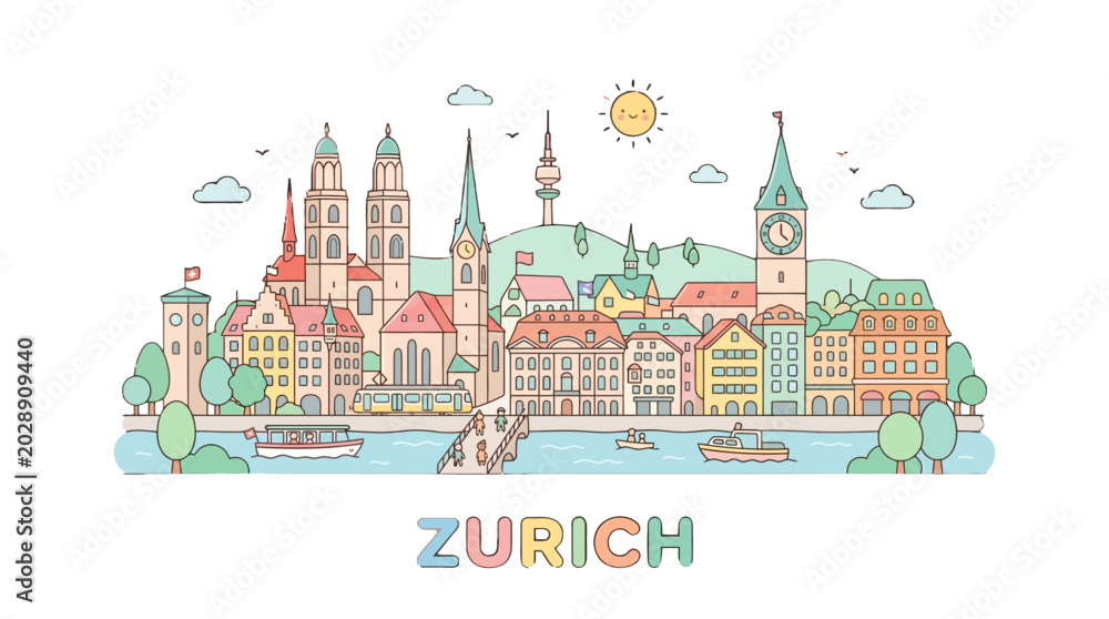 Naklejka premium Vibrant and Charming Illustrated Panorama of Zurich Showcasing its Iconic Architecture and Serene Waterways