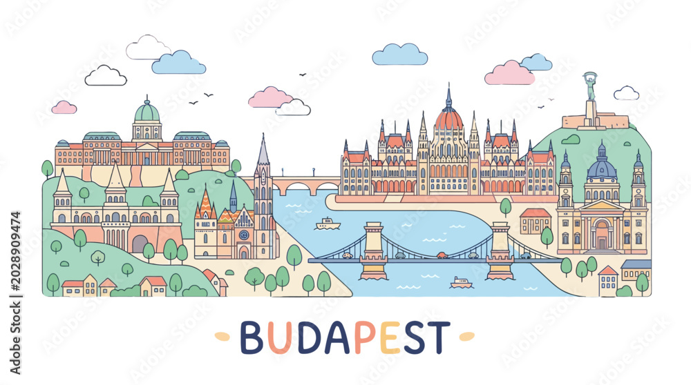 Fototapeta premium Colorful artistic illustration of Budapest skyline showcasing historic architecture and iconic bridges with playful clouds and