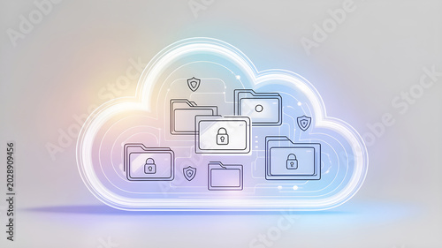 Cloud storage concept with floating secure file icons inside glowing cloud, minimal background, soft gradients, modern tech illustration style