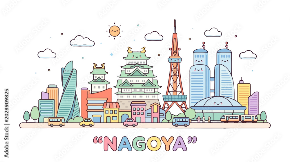 Obraz premium Colorful cartoon illustration of iconic Nagoya cityscape featuring historic and modern architecture with playful design elements