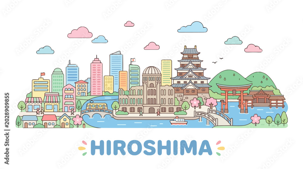 Obraz premium Colorful and detailed digital illustration portraying Hiroshima's cityscape blending modern urban buildings with traditional