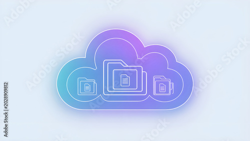 Cloud storage concept with floating secure file icons inside glowing cloud, minimal background, soft gradients, modern tech illustration style
