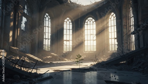 Abandoned cathedral ruin bathed in sacred sunbeams.