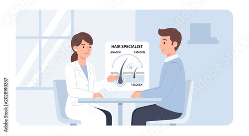 Dermatologist Consults Patient on Hair Loss Treatment, Medical Diagram