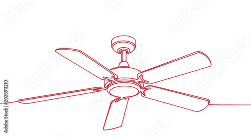 Modern Ceiling Fan Line Art Drawing, Red Outline on White Background
