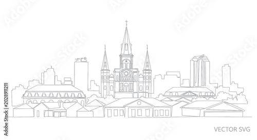 Tableau sur toile New Orleans Skyline Vector Outline - St. Louis Cathedral Landmark