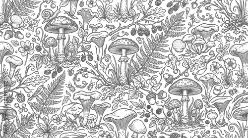 Foto Detailed illustration of various mushrooms.