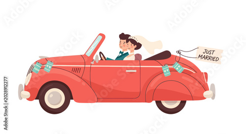 Wedding Couple Driving Red Convertible Car, Just Married