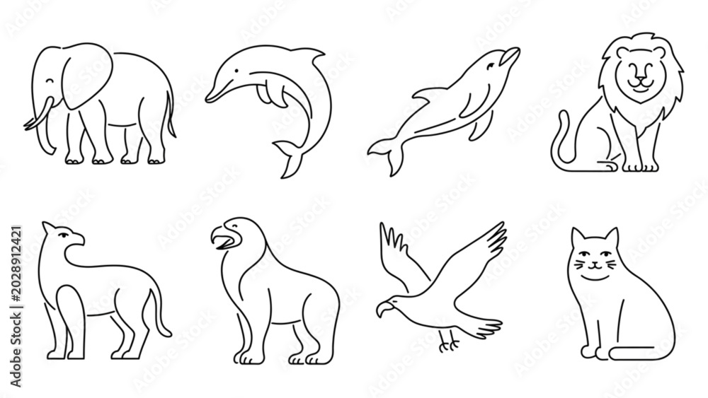 Fototapeta premium Simple flat style animal icons set with different poses and actions