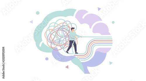 Canvas-taulu Person untangling colorful tangled thoughts inside a stylized brain for mental clarity
