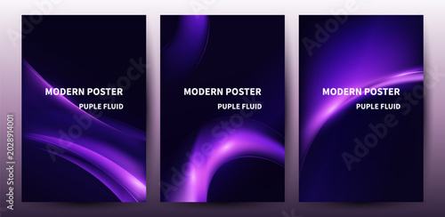 Abstract Purple Fluid Waves With Modern Dark Minimalist Poster Set