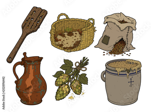 Explore the traditional brewing elements with a charming collection of vintage brewing tools, grains, hops, and rustic vessels capturing the essence of historical beverage production techniques