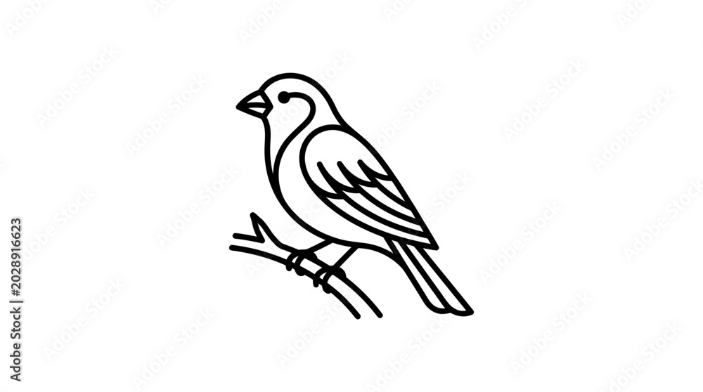 Fototapeta premium Minimalist line art sparrow perched on a branch, simple bird illustration