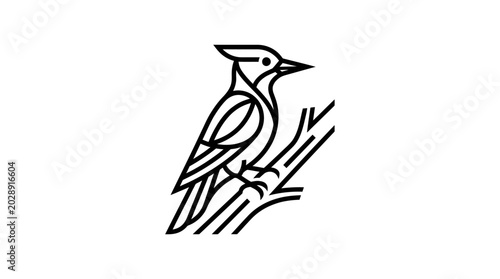 Canvastavla Minimalist Woodpecker Icon on Tree Branch, Vector Line Art