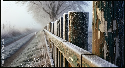 Frosty Wooden Fence Along a Misty Country Path in Winter.