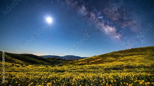 A vibrant field of yellow flowers under a bright moon and starry night sky