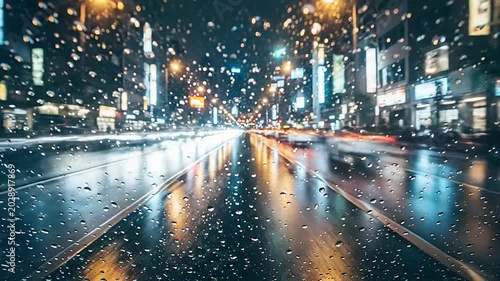 Raindrops on a window overlooking a busy city street at night