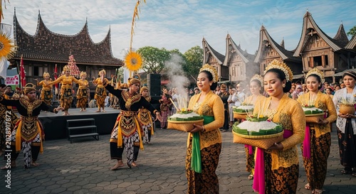 Traditional Balinese Dance Performance with Elaborate Costumes and Offerings.