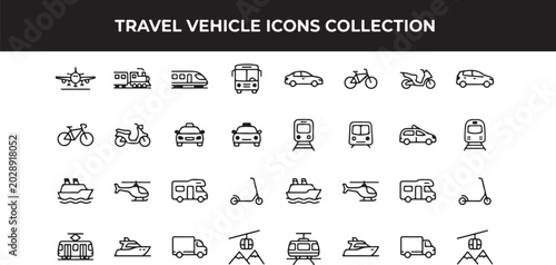 Bilde på lerret Collection of various travel vehicle icons in line style